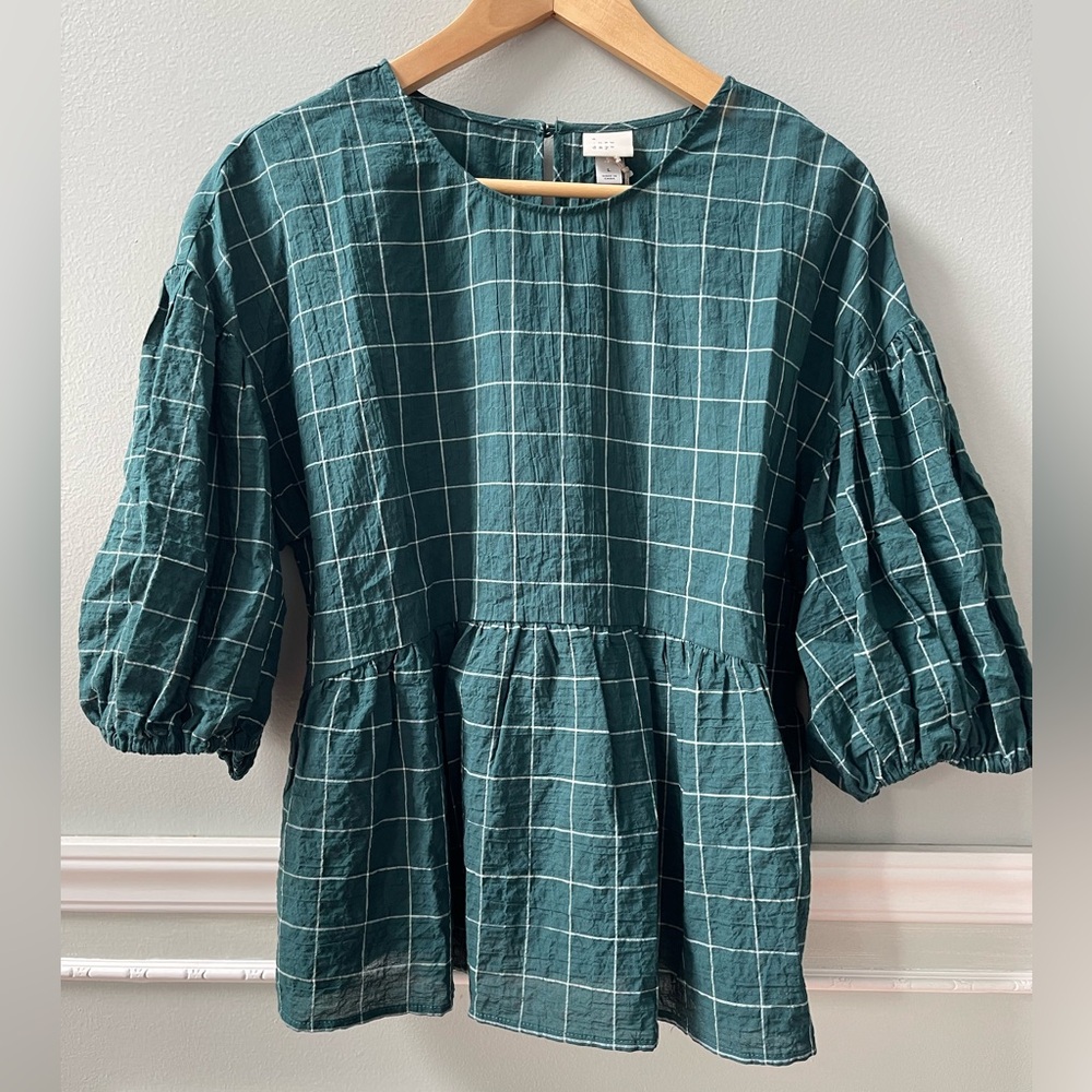 A New Day Green Plaid Window Pane Peplum Balloon Sleeve Blouse Top Size L, NWT